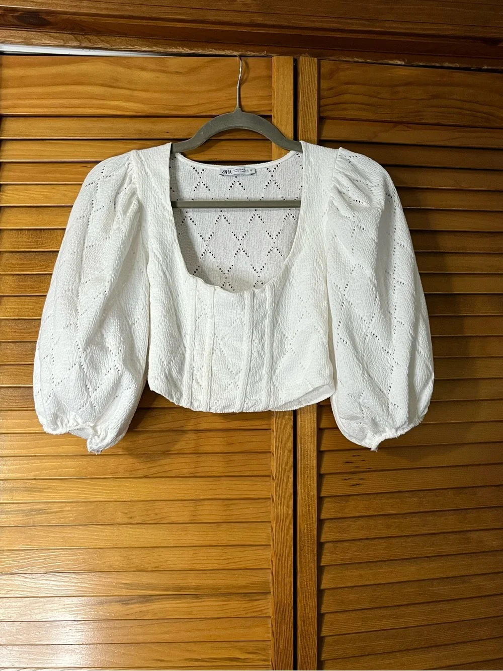 Zara Cotton Eyelet Puff-Sleeve Square-Neck Cropped Top